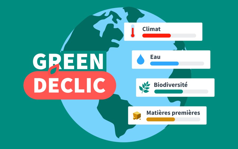 Illustration Green Déclic : planète et jauges climat, eau, biodiversité, matières premières